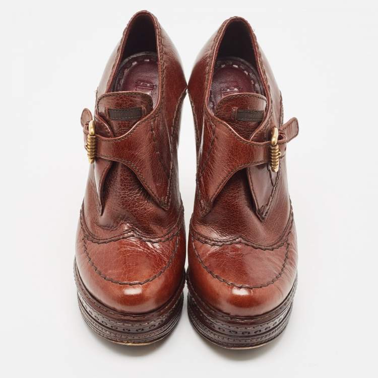 Pre Owned Prada Brown Brogue Leather Lace Up Platform Booties Size 36