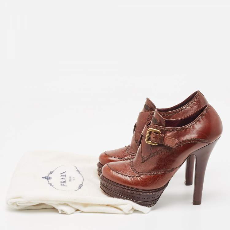 Pre Owned Prada Brown Brogue Leather Lace Up Platform Booties Size 36