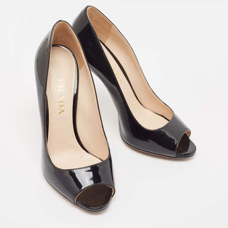 Pre Owned Prada Black Patent Leather Peep Toe Pumps Size 36.5