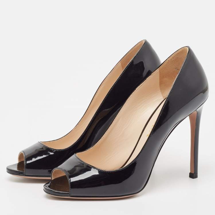 Pre Owned Prada Black Patent Leather Peep Toe Pumps Size 36.5