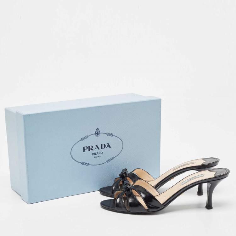Pre Owned Prada Black Saffiano Leather Bow Slide Sandals Size 38.5