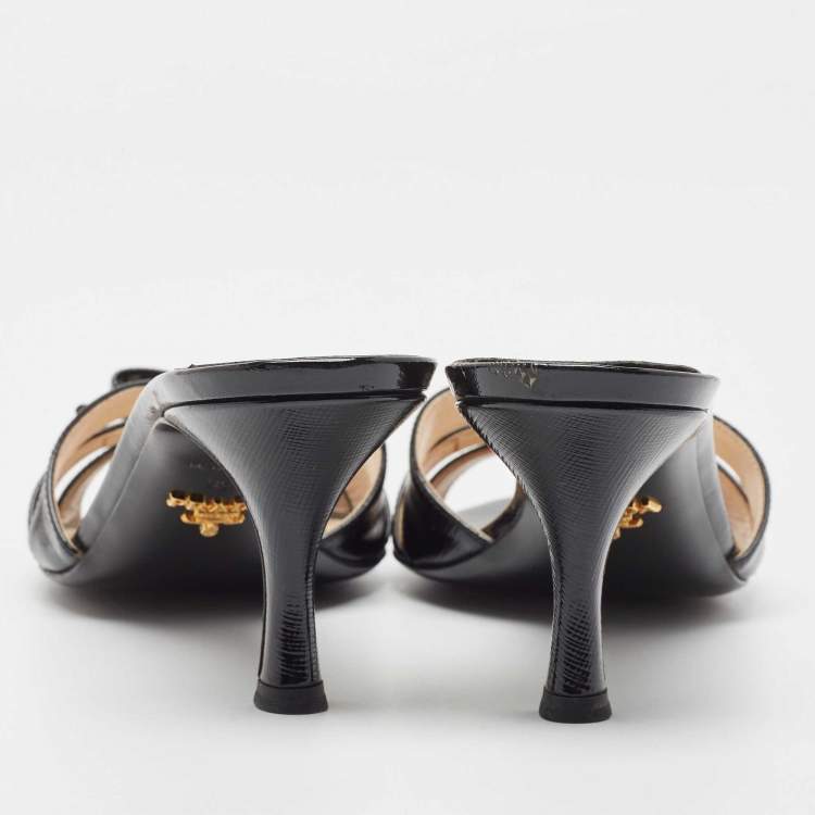 Pre Owned Prada Black Saffiano Leather Bow Slide Sandals Size 38.5