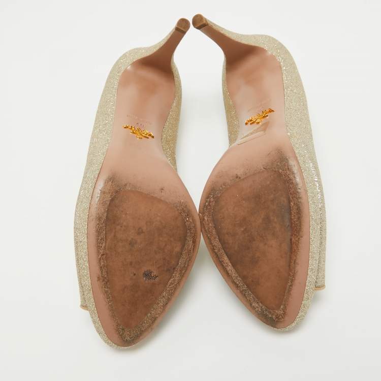 Pre Owned Prada Metallic Gold Glitter Peep Toe Pumps Size 40