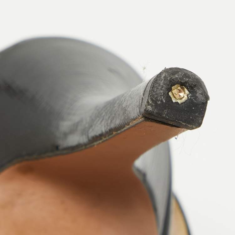 Pre Owned Prada Black Saffiano Patent Leather Bow Slingback Sandals Size 35.5