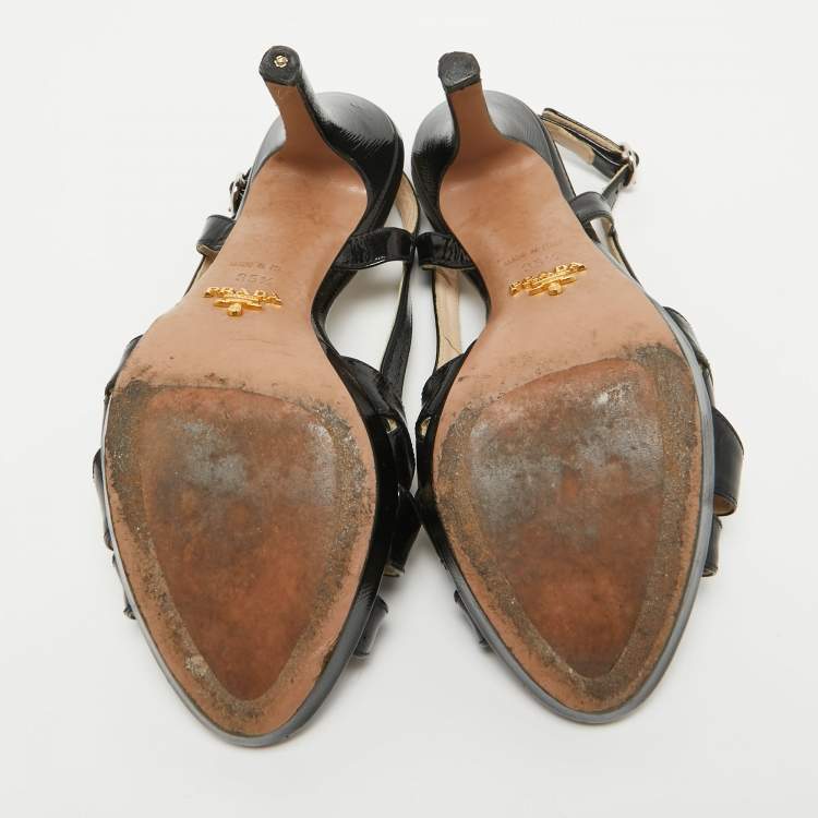 Pre Owned Prada Black Saffiano Patent Leather Bow Slingback Sandals Size 35.5