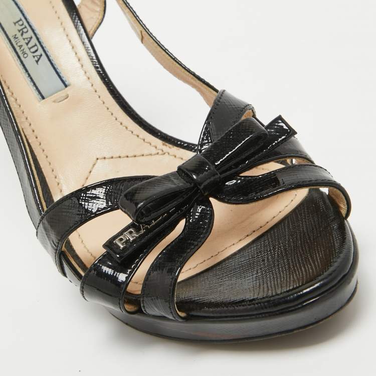 Pre Owned Prada Black Saffiano Patent Leather Bow Slingback Sandals Size 35.5