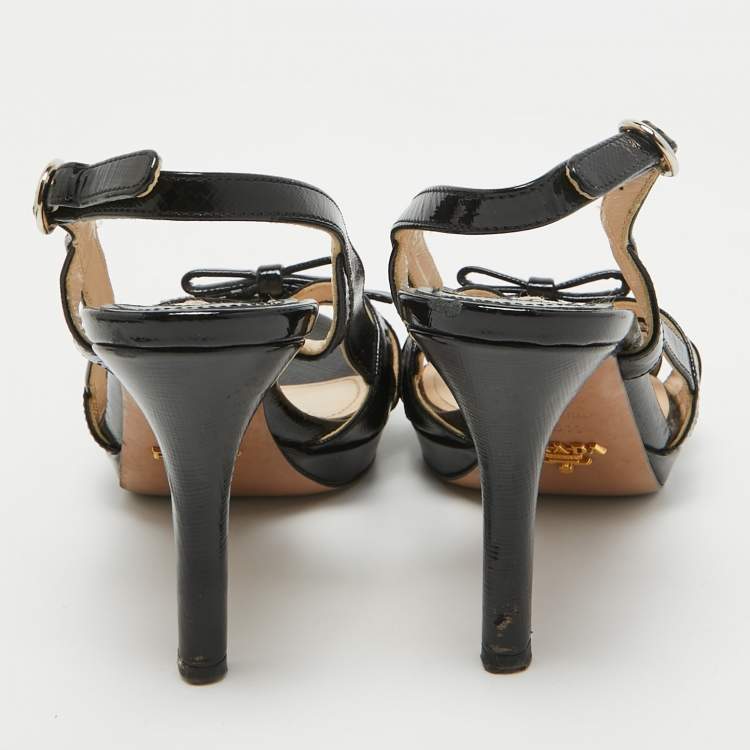 Pre Owned Prada Black Saffiano Patent Leather Bow Slingback Sandals Size 35.5