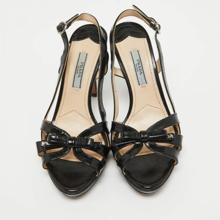 Pre Owned Prada Black Saffiano Patent Leather Bow Slingback Sandals Size 35.5