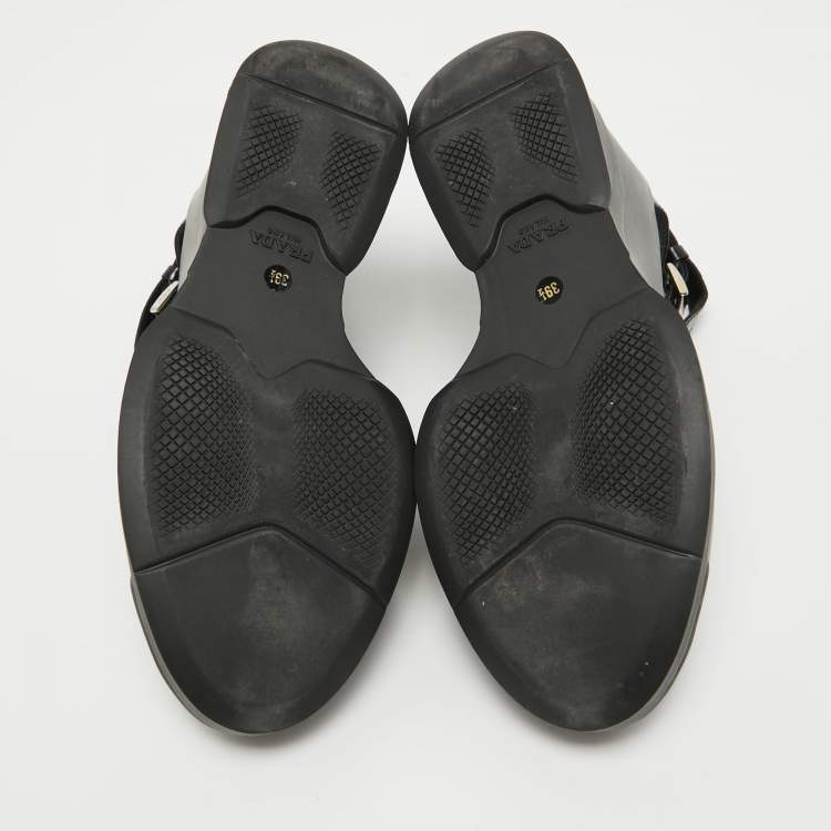 Pre Owned Prada Black Leather T-Strap Wedge Sandals Size 39.5