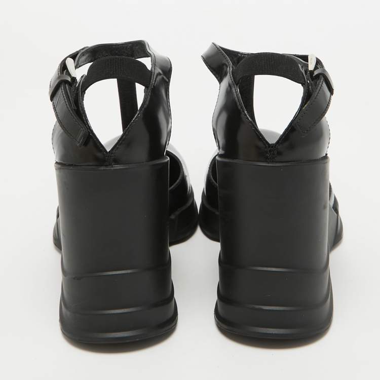 Pre Owned Prada Black Leather T-Strap Wedge Sandals Size 39.5