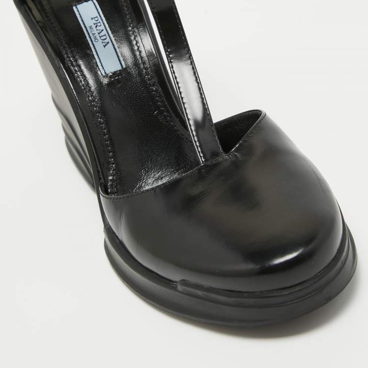 Pre Owned Prada Black Leather T-Strap Wedge Sandals Size 39.5