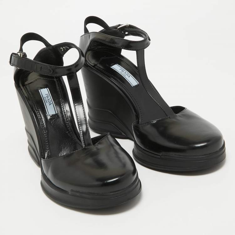 Pre Owned Prada Black Leather T-Strap Wedge Sandals Size 39.5