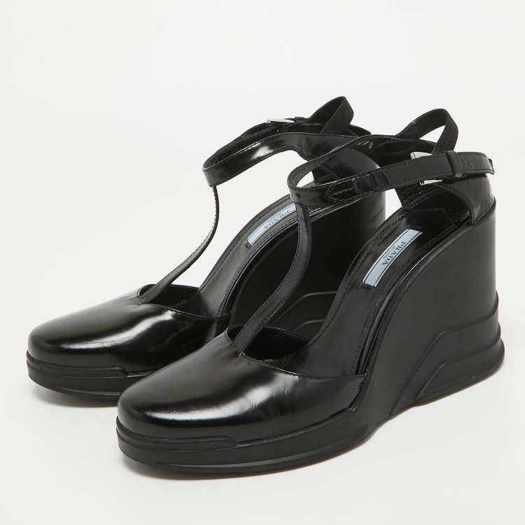 Pre Owned Prada Black Leather T-Strap Wedge Sandals Size 39.5