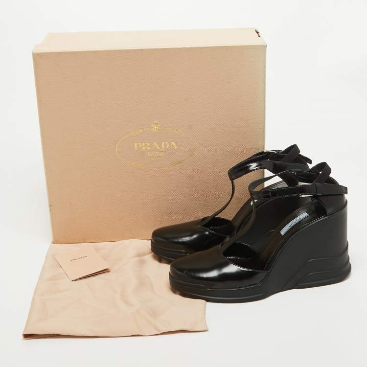 Pre Owned Prada Black Leather T-Strap Wedge Sandals Size 39.5