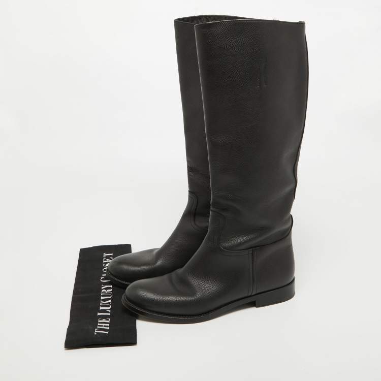 Pre Owned Prada Black Leather Knee Length Boots Size 39