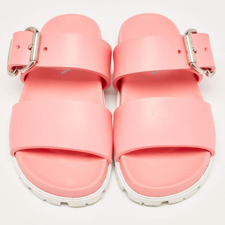 Pre Owned Prada Pink Rubber Buckle Detail Slides Size 36