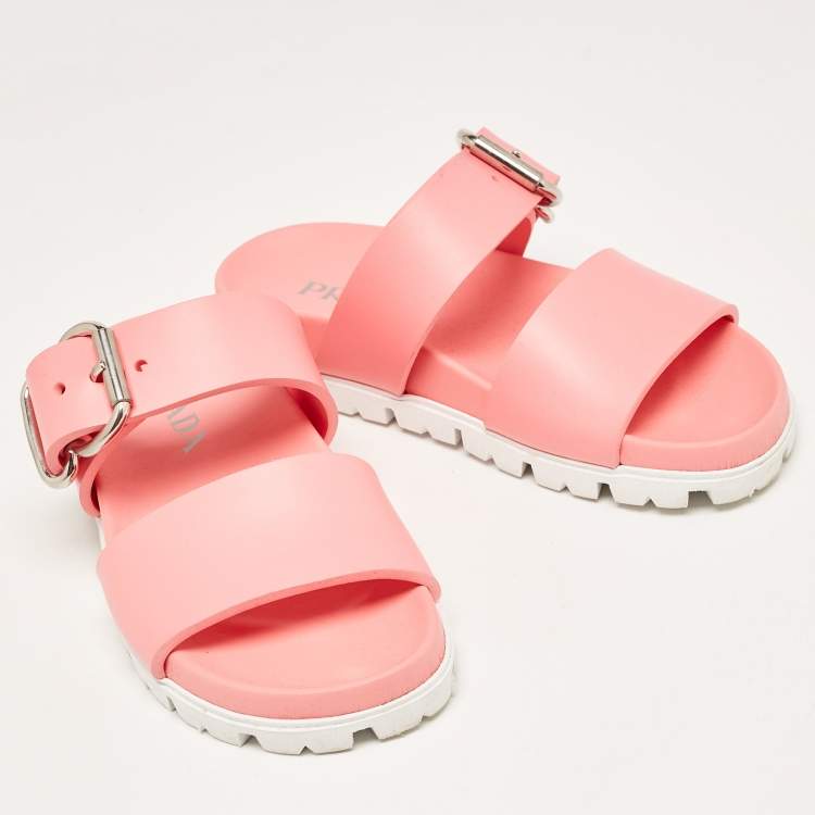 Pre Owned Prada Pink Rubber Buckle Detail Slides Size 36