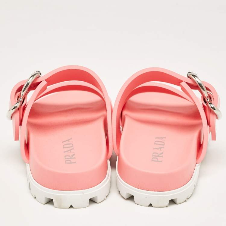 Pre Owned Prada Pink Rubber Buckle Detail Slides Size 36