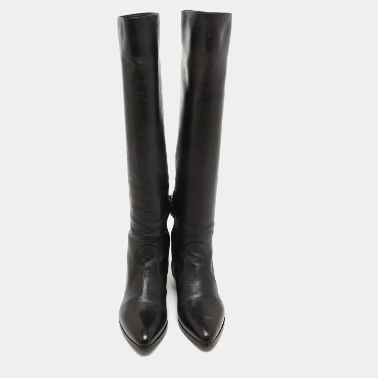 Pre Owned Prada Black Leather Knee High Block Heel Boots Size 36