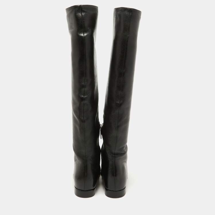 Pre Owned Prada Black Leather Knee High Block Heel Boots Size 36