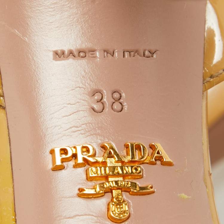 Pre Owned Prada Beige Patent Leather Platform Ankle Strap Sandals Size 38