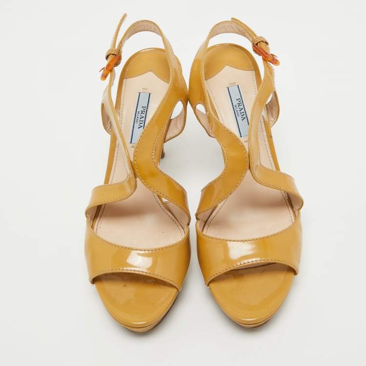 Pre Owned Prada Beige Patent Leather Platform Ankle Strap Sandals Size 38