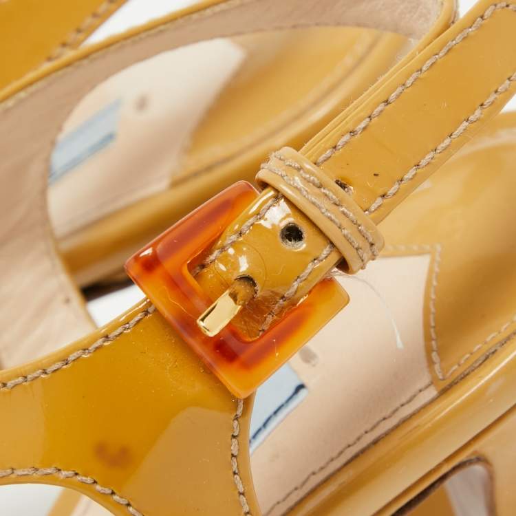 Pre Owned Prada Beige Patent Leather Platform Ankle Strap Sandals Size 38