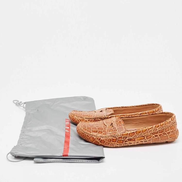 Pre Owned Prada Brown Crocodile Leather Slip On Loafers Size 40.5