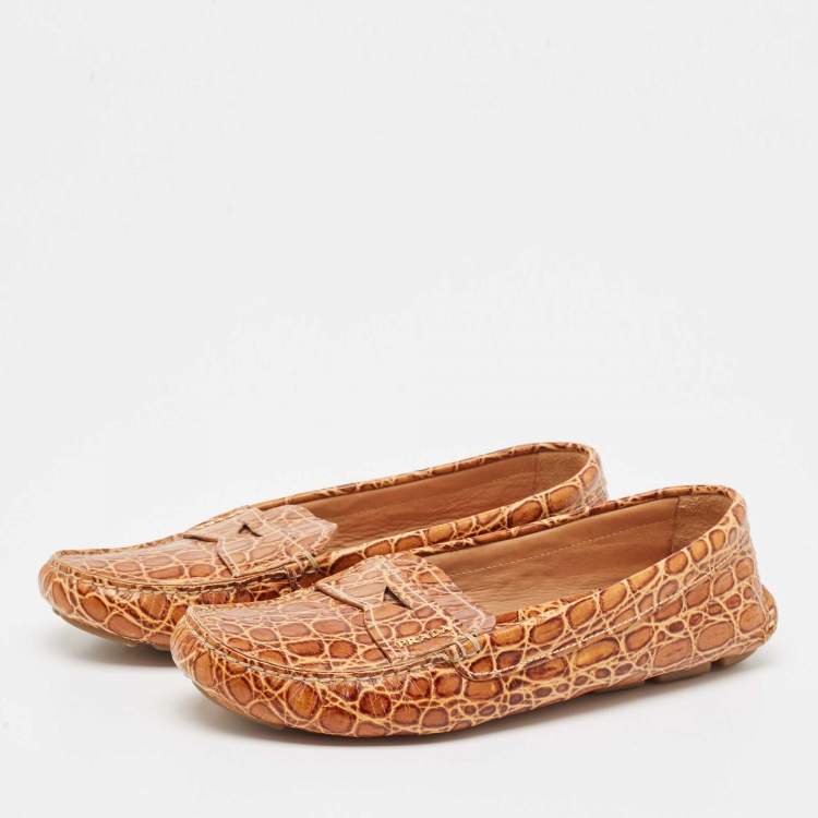 Pre Owned Prada Brown Crocodile Leather Slip On Loafers Size 40.5