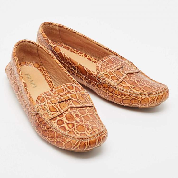 Pre Owned Prada Brown Crocodile Leather Slip On Loafers Size 40.5