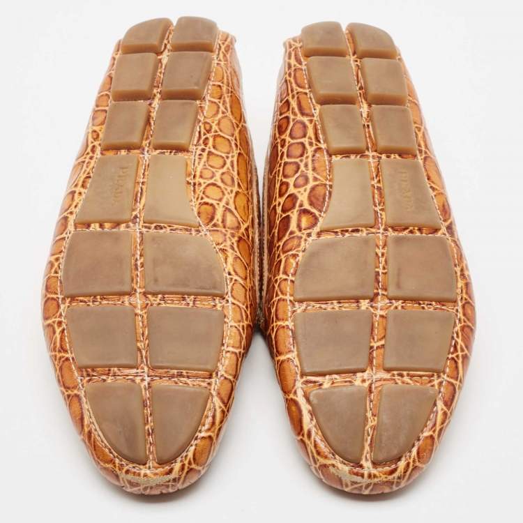 Pre Owned Prada Brown Crocodile Leather Slip On Loafers Size 40.5