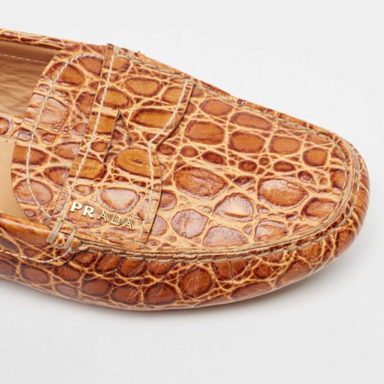 Pre Owned Prada Brown Crocodile Leather Slip On Loafers Size 40.5