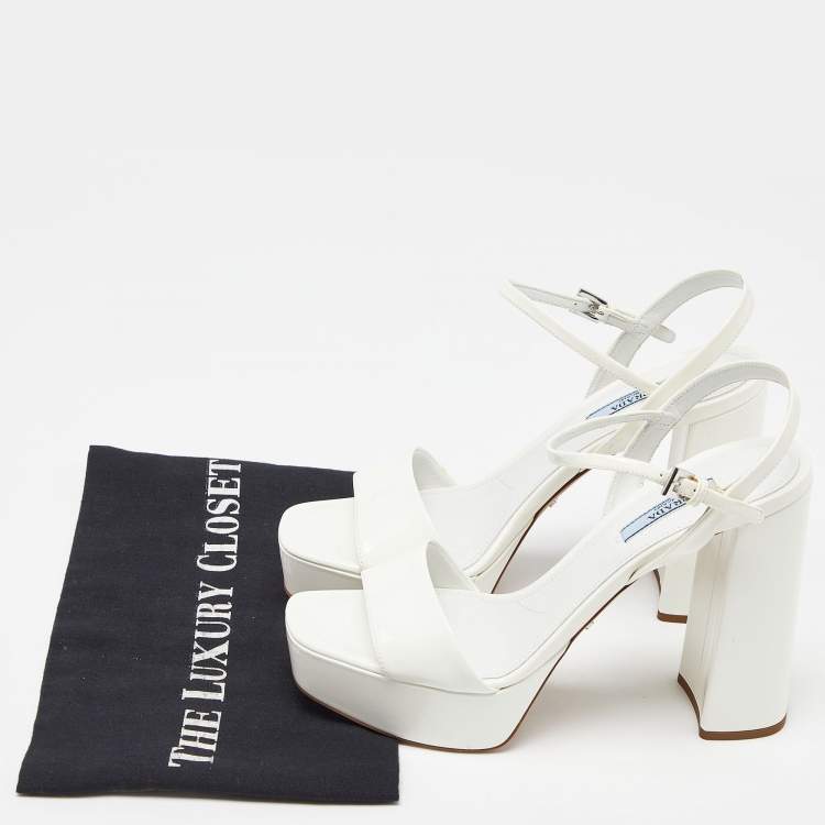 Pre Owned Prada White Patent Leather Ankle Strap Block Heel Platform Sandals Size 38