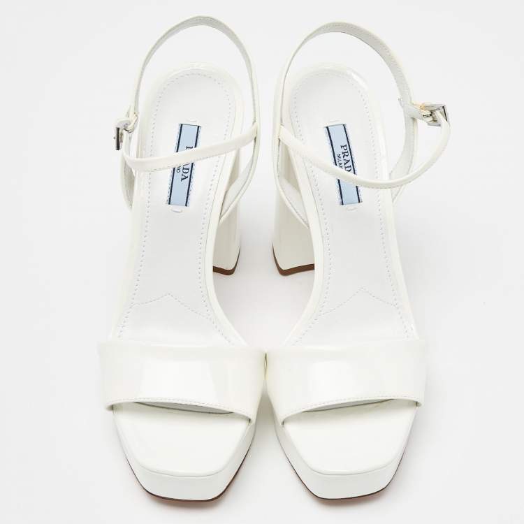 Pre Owned Prada White Patent Leather Ankle Strap Block Heel Platform Sandals Size 38
