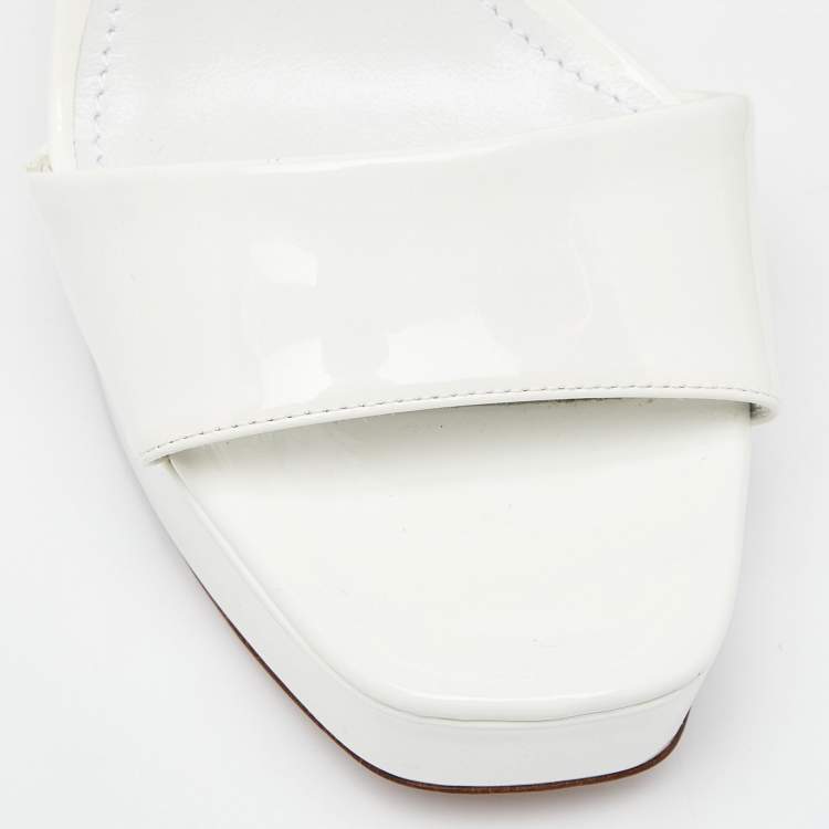 Pre Owned Prada White Patent Leather Ankle Strap Block Heel Platform Sandals Size 38