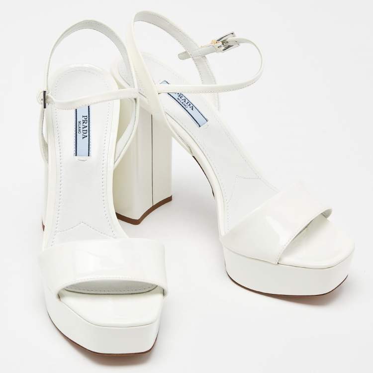 Pre Owned Prada White Patent Leather Ankle Strap Block Heel Platform Sandals Size 38