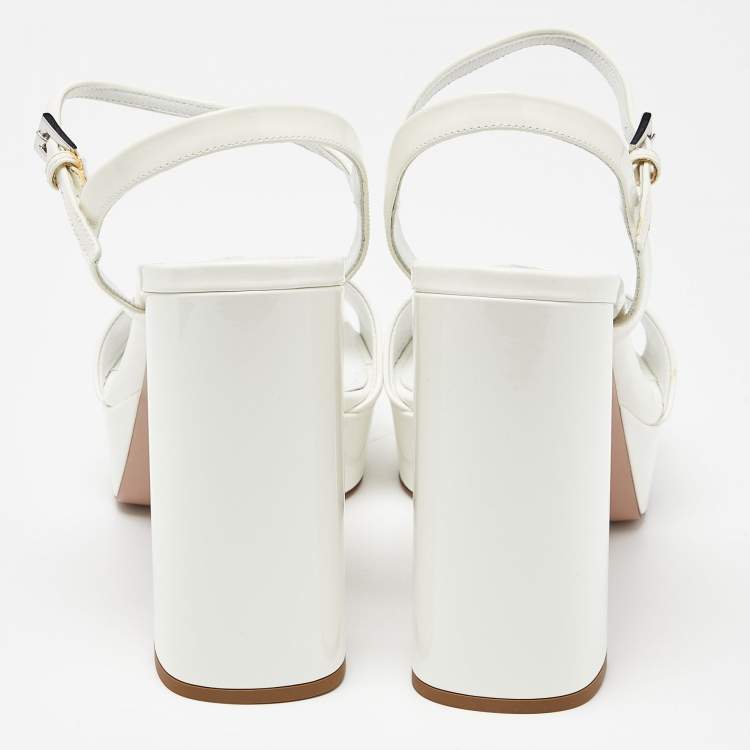 Pre Owned Prada White Patent Leather Ankle Strap Block Heel Platform Sandals Size 38