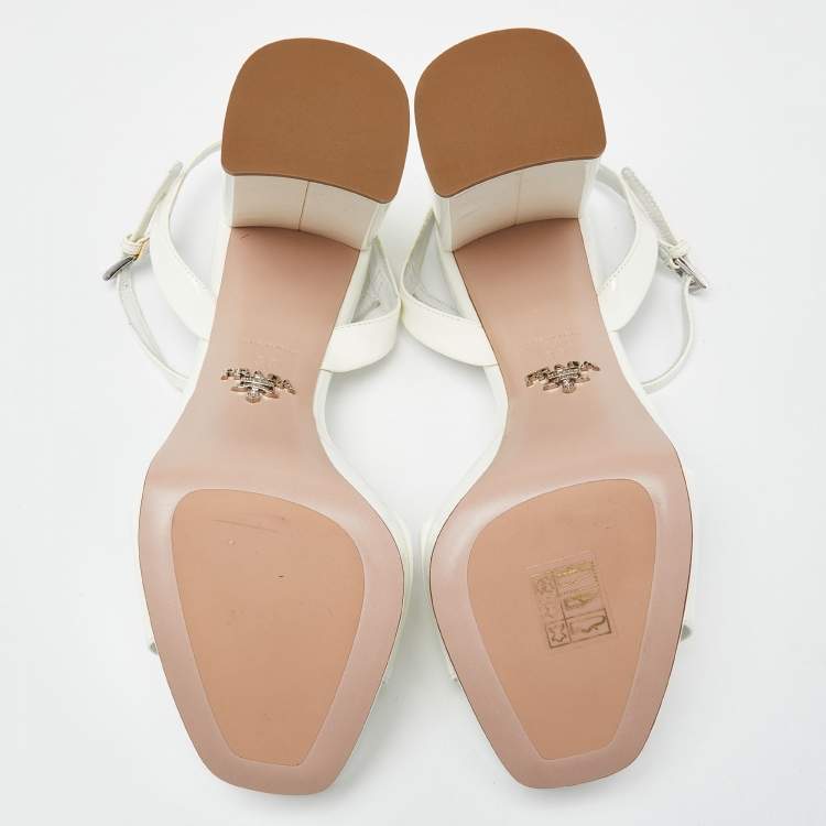 Pre Owned Prada White Patent Leather Ankle Strap Block Heel Platform Sandals Size 38