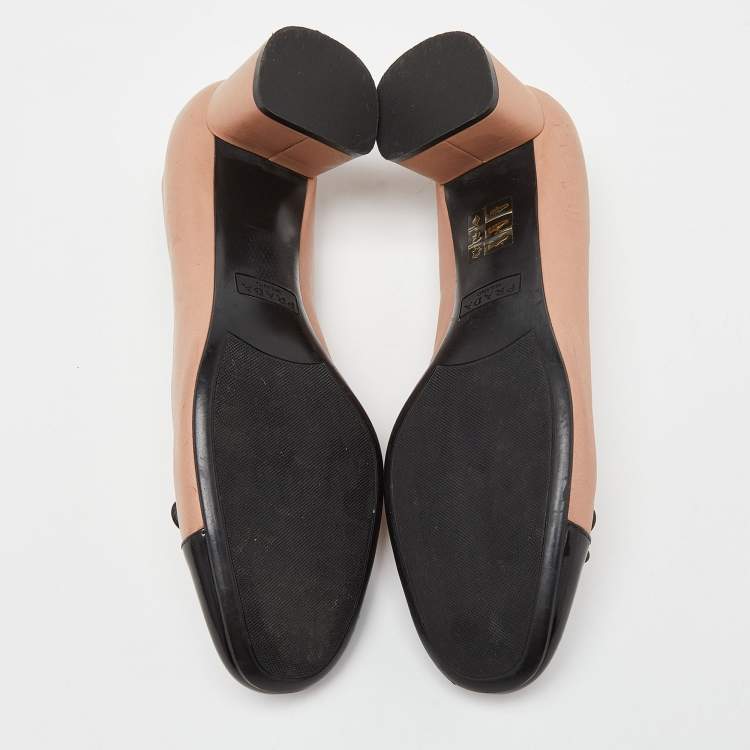 Pre Owned Prada Beige/Black Leather Bow Block Heel Pumps Size 37