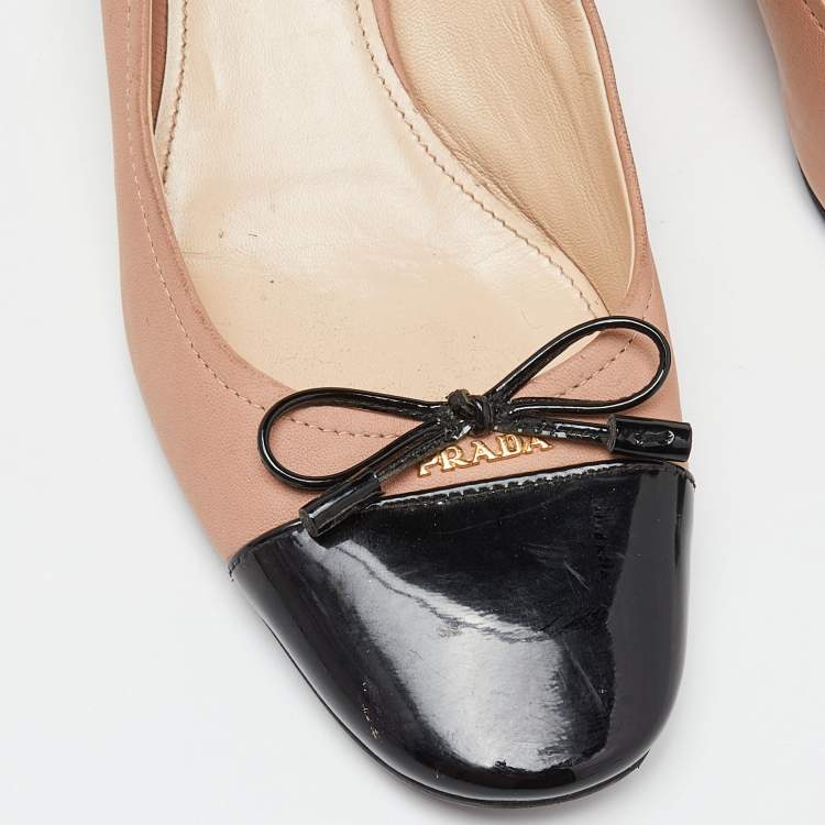 Pre Owned Prada Beige/Black Leather Bow Block Heel Pumps Size 37
