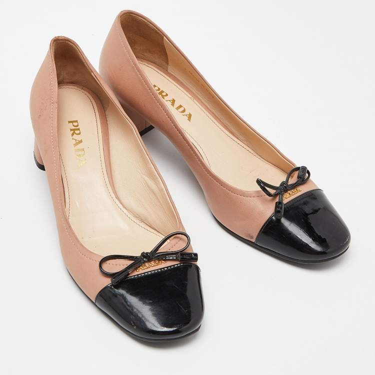 Pre Owned Prada Beige/Black Leather Bow Block Heel Pumps Size 37