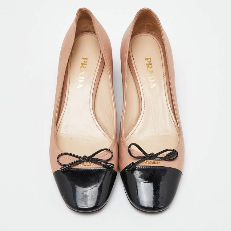 Pre Owned Prada Beige/Black Leather Bow Block Heel Pumps Size 37