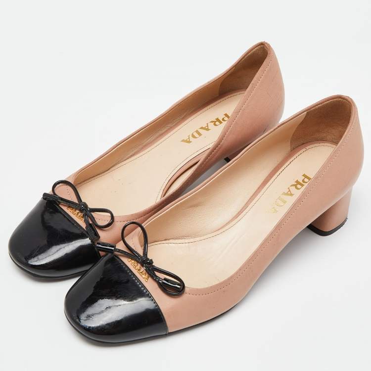 Pre Owned Prada Beige/Black Leather Bow Block Heel Pumps Size 37