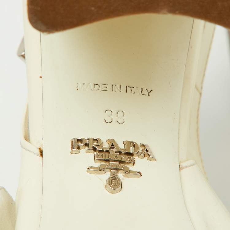 Pre Owned Prada Off White Patent Leather Mary Jane Slingback Block Heel Pumps Size 39