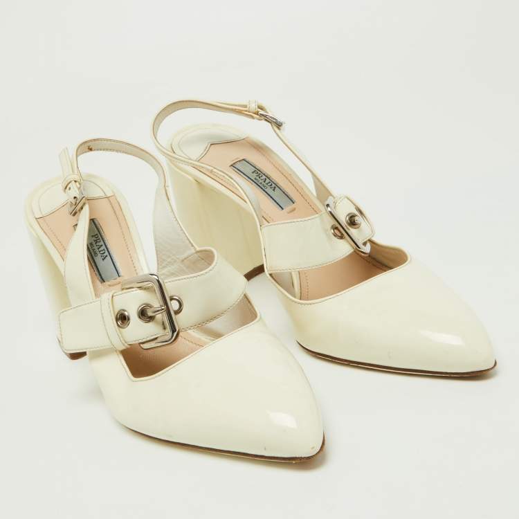 Pre Owned Prada Off White Patent Leather Mary Jane Slingback Block Heel Pumps Size 39