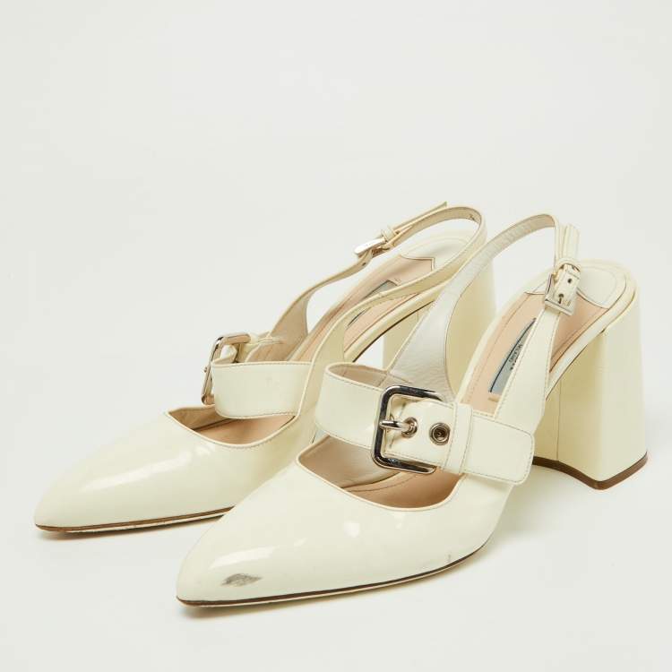 Pre Owned Prada Off White Patent Leather Mary Jane Slingback Block Heel Pumps Size 39