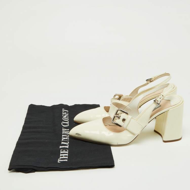 Pre Owned Prada Off White Patent Leather Mary Jane Slingback Block Heel Pumps Size 39