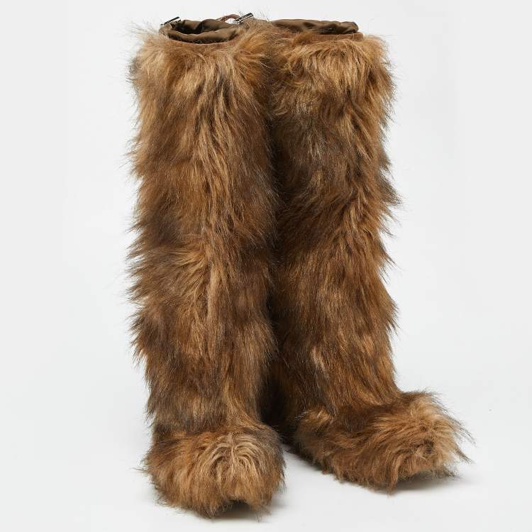Pre Owned Prada Brown Faux Fur Calf Boots Size 39