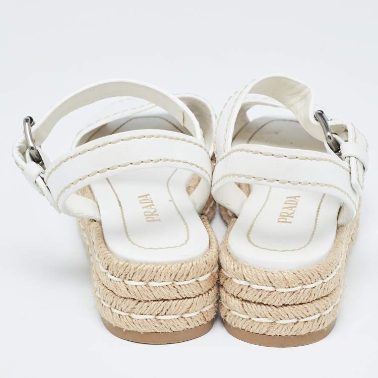 Pre Owned Prada White Leather Espadrille Platform Ankle Strap Sandals Size 38
