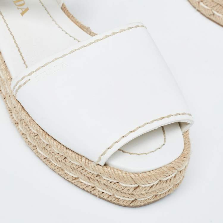 Pre Owned Prada White Leather Espadrille Platform Ankle Strap Sandals Size 38